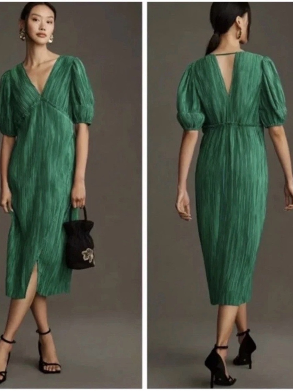 Anthropologie Green V-Neck Puff Sleeve Midi Dress